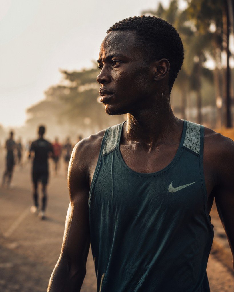 Jeune athlète africain à l'entraînement au lever du soleil