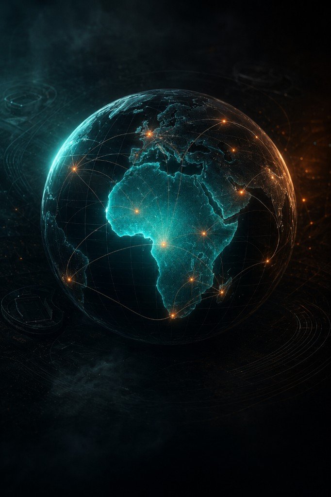 Illustration d’un globe numérique : l’Afrique mise en lumière, reliée par un maillage international de nœuds orange.