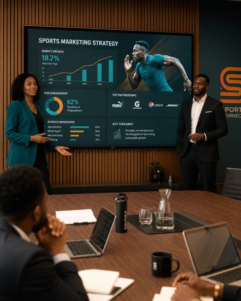 Réunion stratégique avec graphiques et données marketing sportif